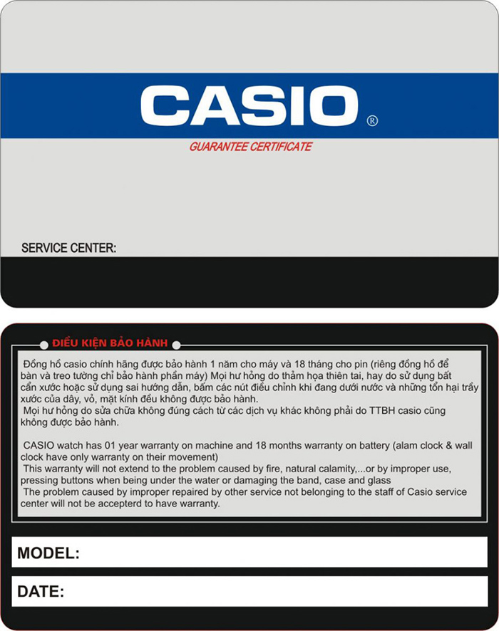 thẻ bảo hành casio